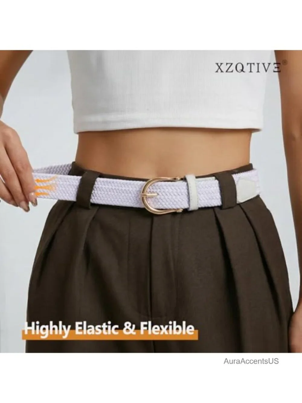 Women's Elastic Braided Belt With Metal Buckle Stretch Woven No-Hole